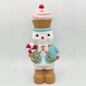 Whimsical 12.5" Resin Snowman Figure with Cupcake & Candy Cane
